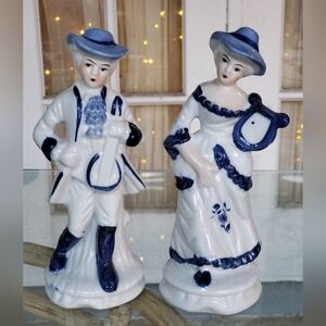 Vintage Collectible Blue/White Ceramic Victorian Couple Figurines Pair 7.5" Tall